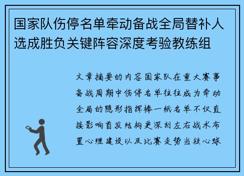 国家队伤停名单牵动备战全局替补人选成胜负关键阵容深度考验教练组 国家队伤停名单牵动备战全局替补人选成胜负关键阵容深度考验教练组