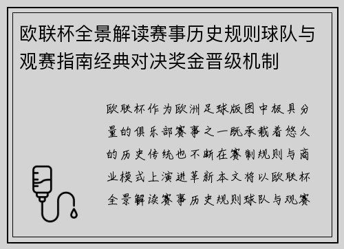 欧联杯全景解读赛事历史规则球队与观赛指南经典对决奖金晋级机制